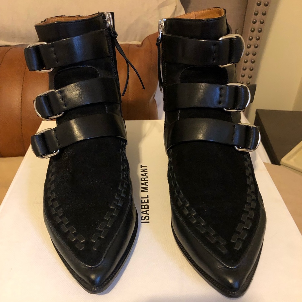 Isabel Marant Rowi Black Suede Leather Ankle Boots EU 37
